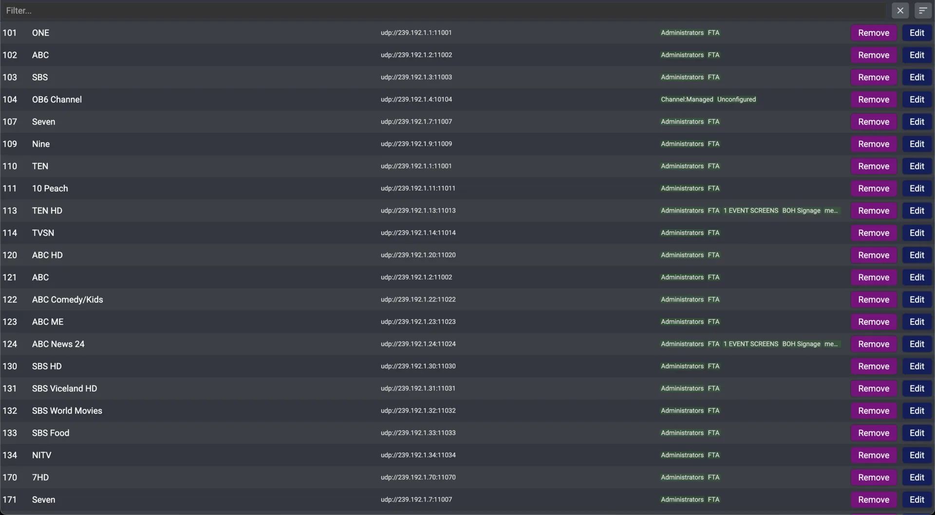 The Channels module: every channel with its number, name, multicast address and tags, with Remove and Edit for each