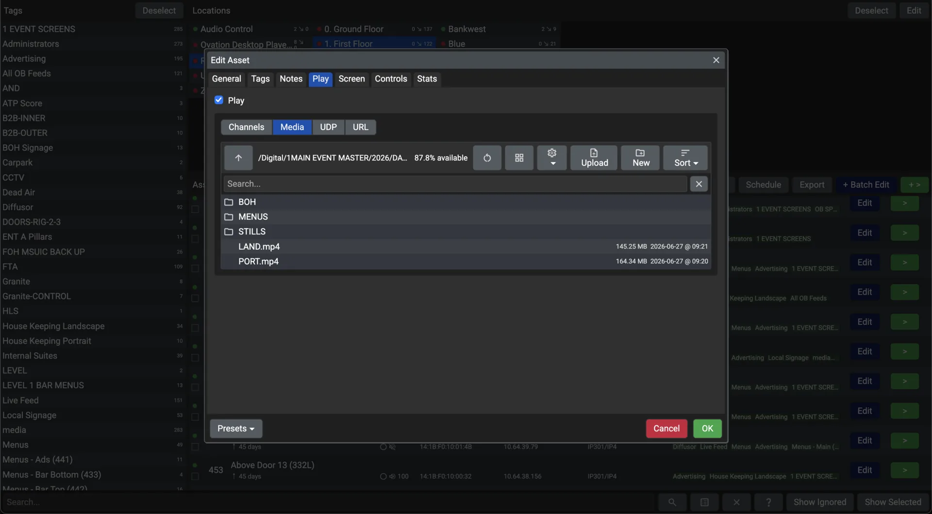 The Play tab of the Edit Asset window in Conductor
