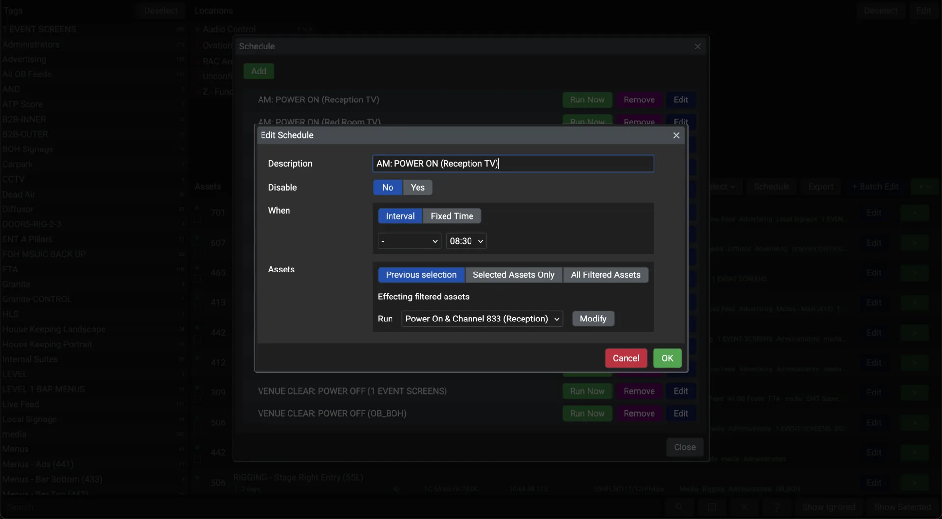 Editing one schedule: a description, a Disable switch, an interval or fixed time, and which assets it runs on