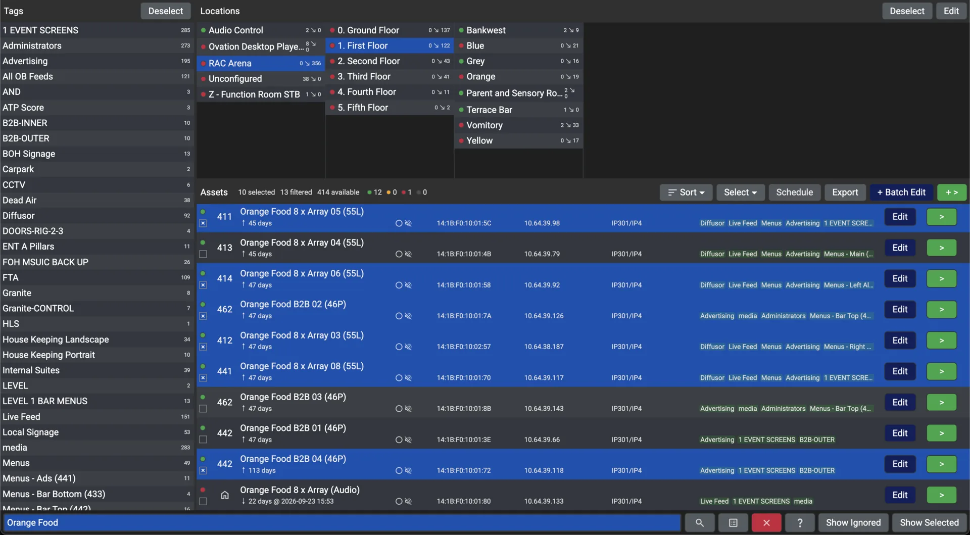 Conductor filtered by one tag, with ten screens selected for a batch edit