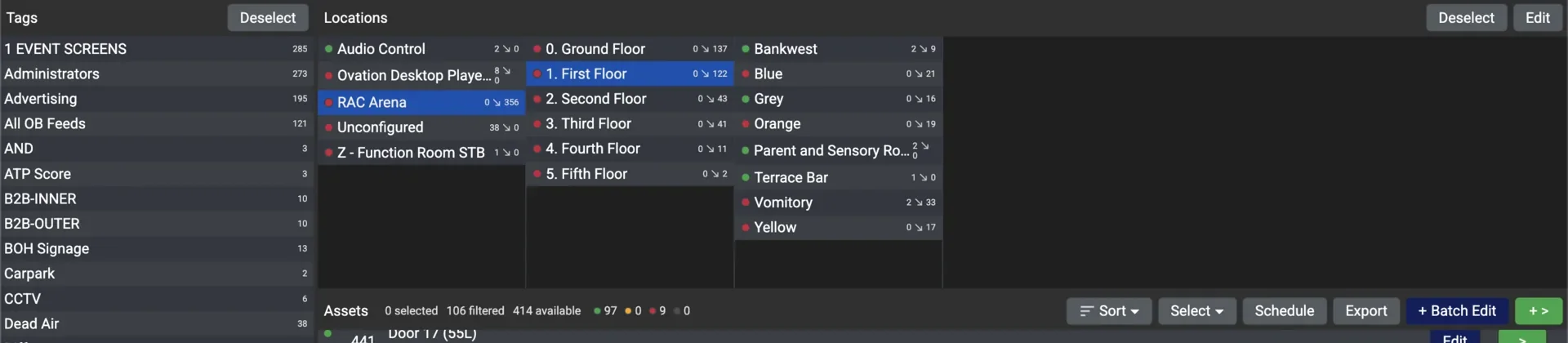 The top of Conductor: the Tags panel on the left, the Locations panel with its floors, bars and suites across the top, and the Assets toolbar with Sort, Select, Schedule, Export and Batch Edit
