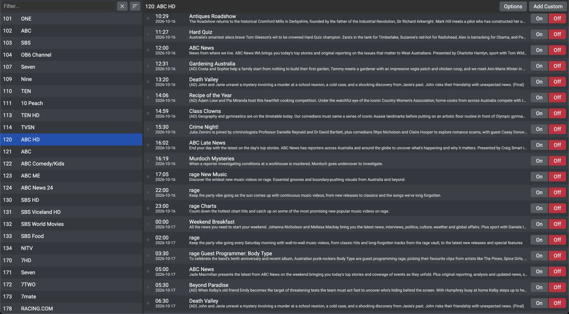 Encore: the programme guide for a channel with recording toggles