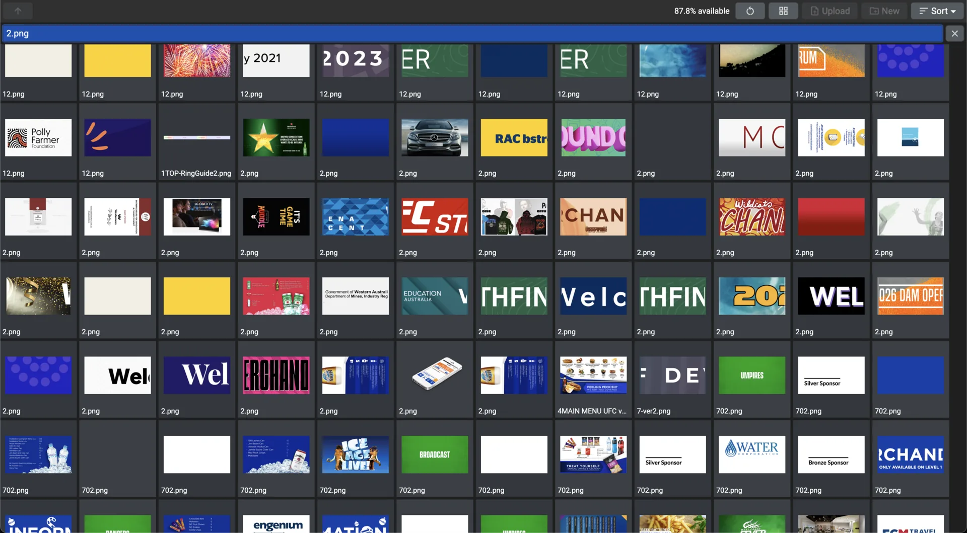 The Filestore module in thumbnail view: a grid of image previews, each with its file name