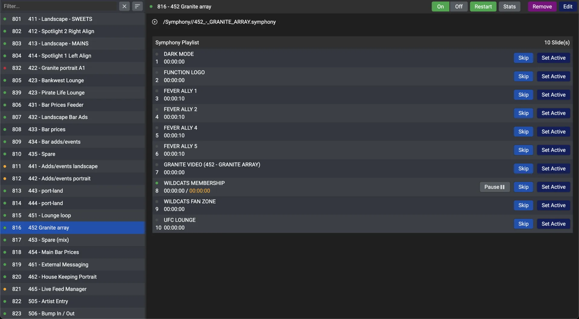 The Playout module: channels by number and name down the left, each with a status light, and the selected channel’s Symphony playlist on the right