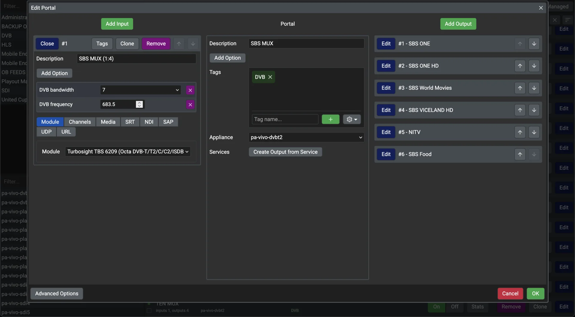 Editing a Vivo portal: the DVB input on the left, the portal with its tags and appliance in the middle, and the six outputs on the right