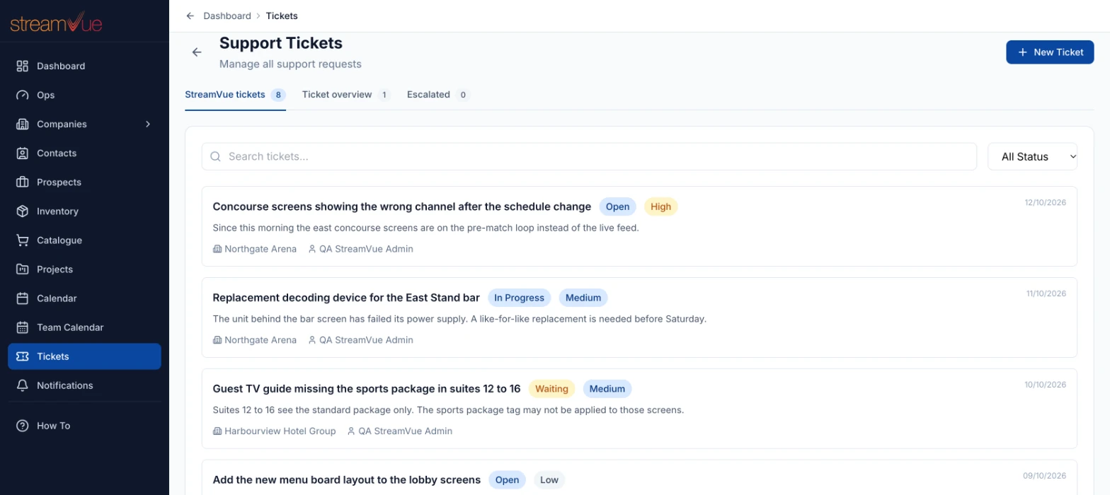 The Tickets page of the StreamVue dashboard: support tickets listed with status, priority, company and date, beside the sidebar menu