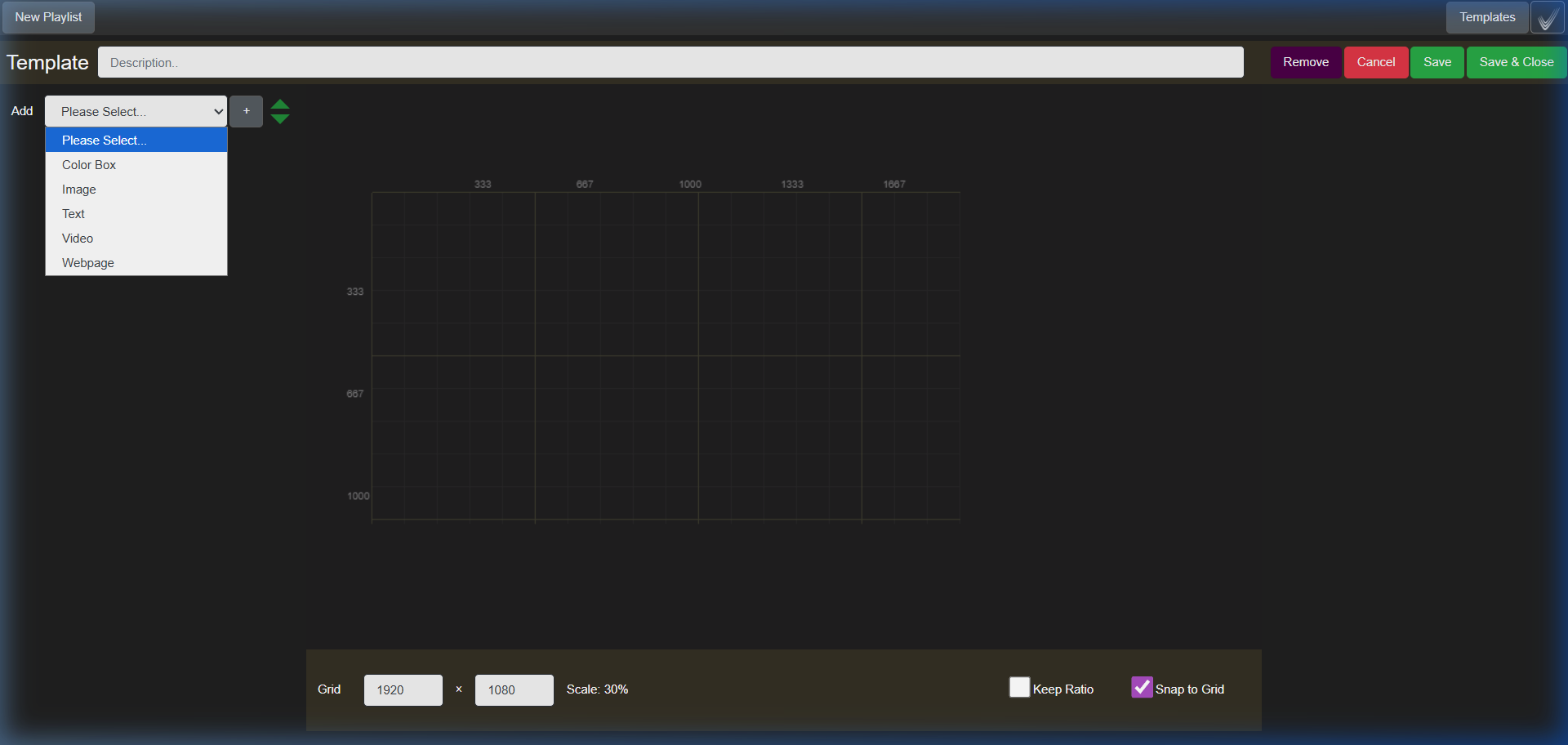 The Template Designer with the Add dropdown open, listing Color Box, Image, Text, Video and Webpage, over a 1920 by 1080 grid