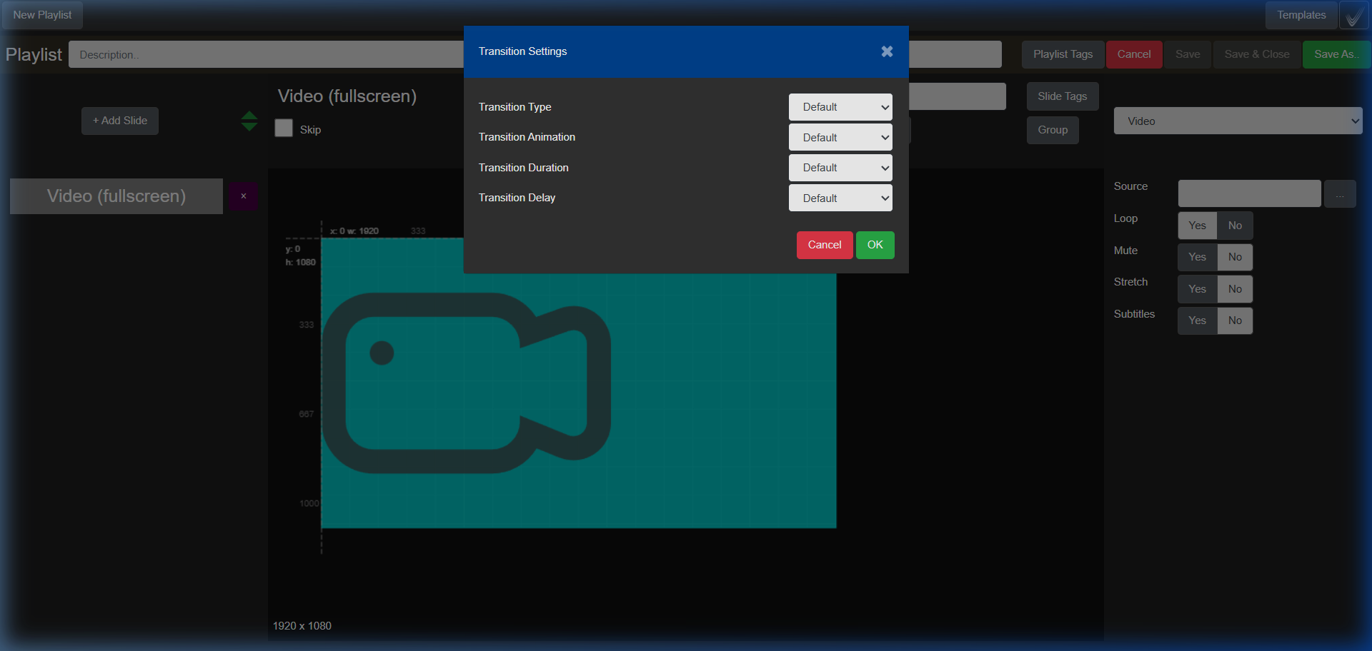 Transition settings in Symphony: type, animation, duration and delay