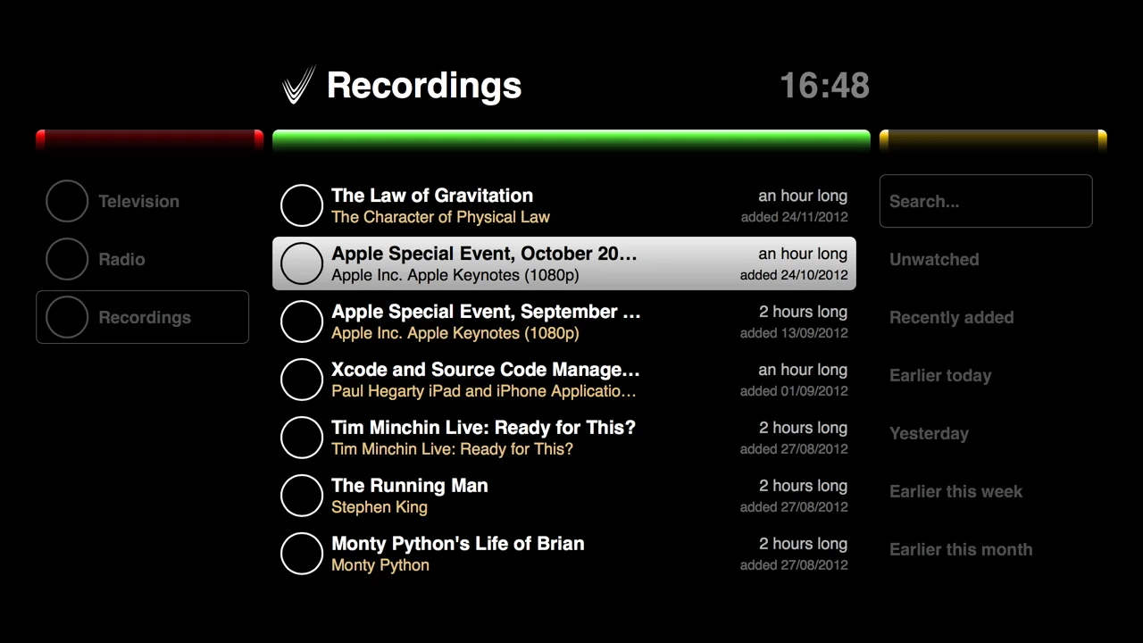 The Ovation recordings library: a list of recordings with their length and the date added, and groupings such as Unwatched and Recently added