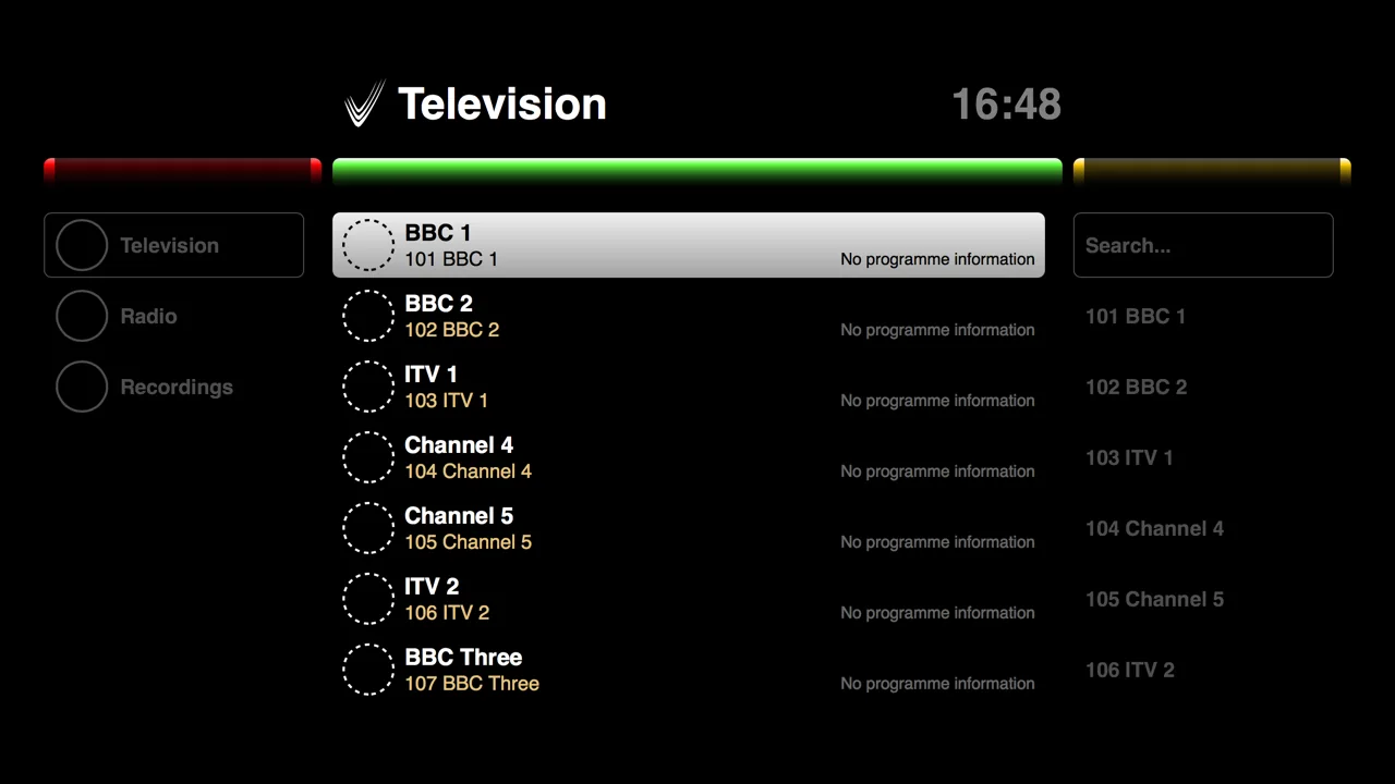 The Ovation channel list: Television, Radio and Recordings down the left, channels with their numbers in the middle, search on the right