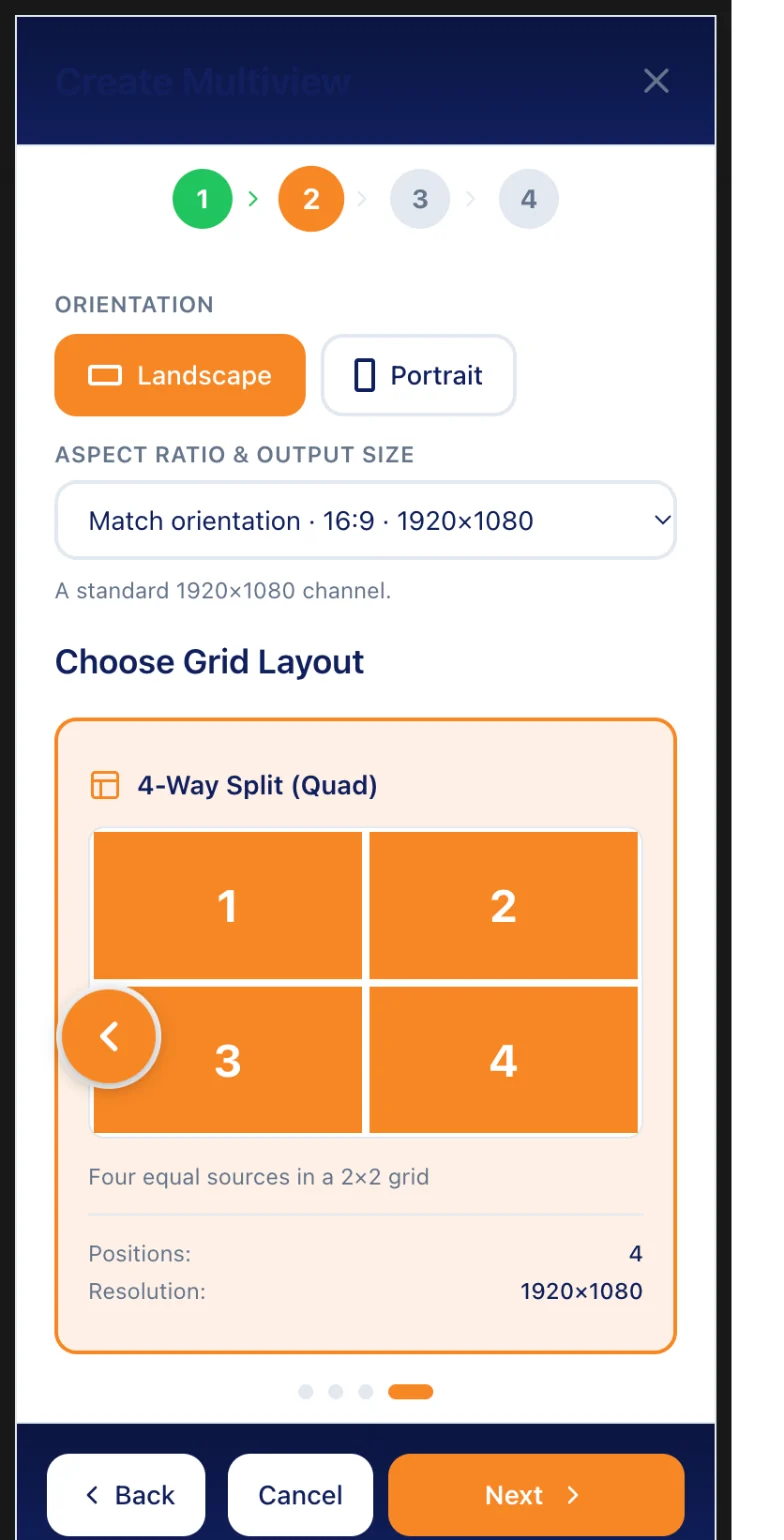 Step two of the Create Channel wizard, choosing a four-way quad layout at 1920 by 1080