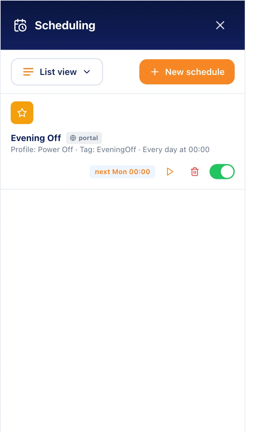 The Scheduling panel on a phone, with list, day and week views