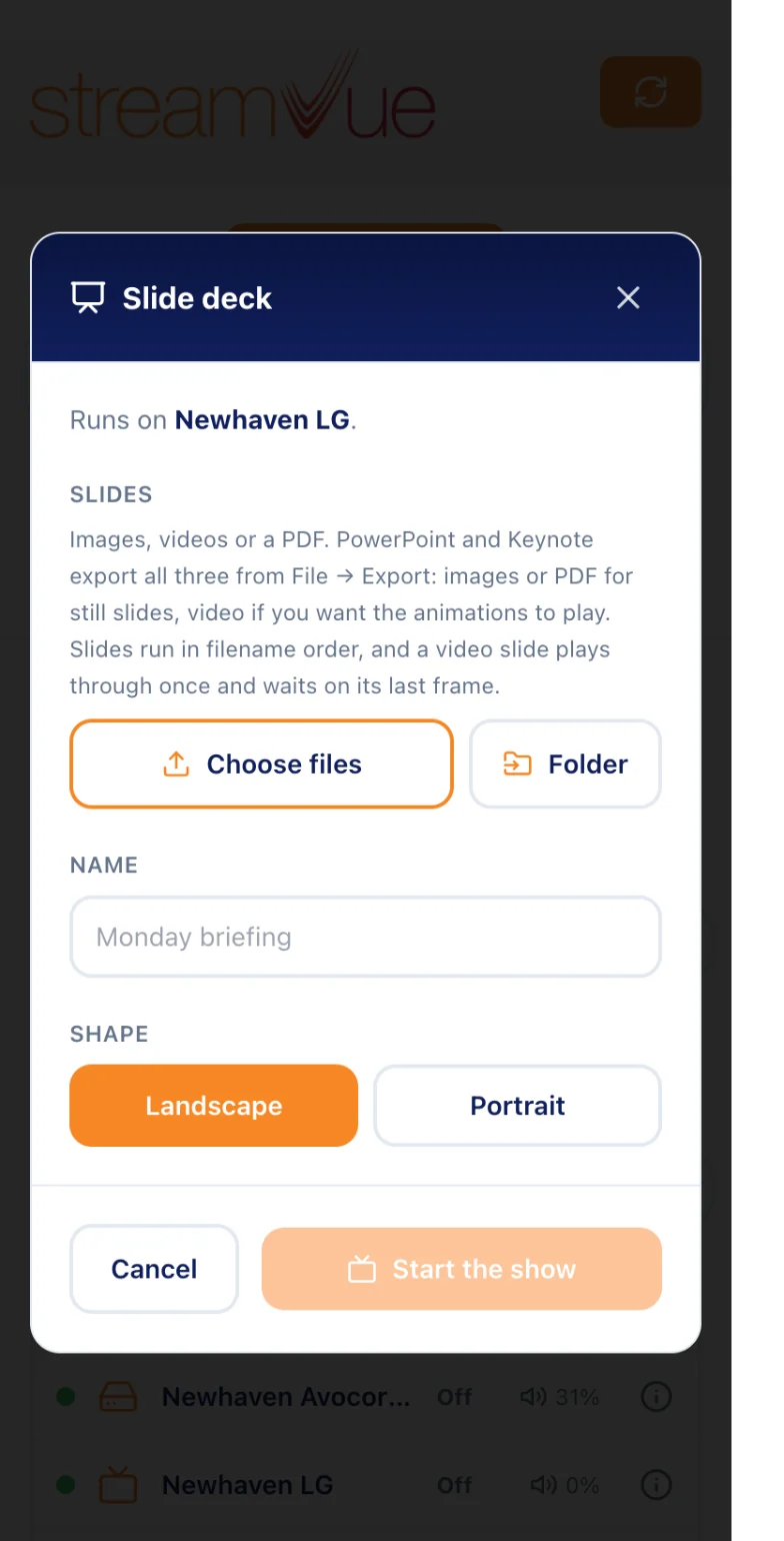 The Slide Deck panel: choose files or a folder, name the deck, pick landscape or portrait, then start the show