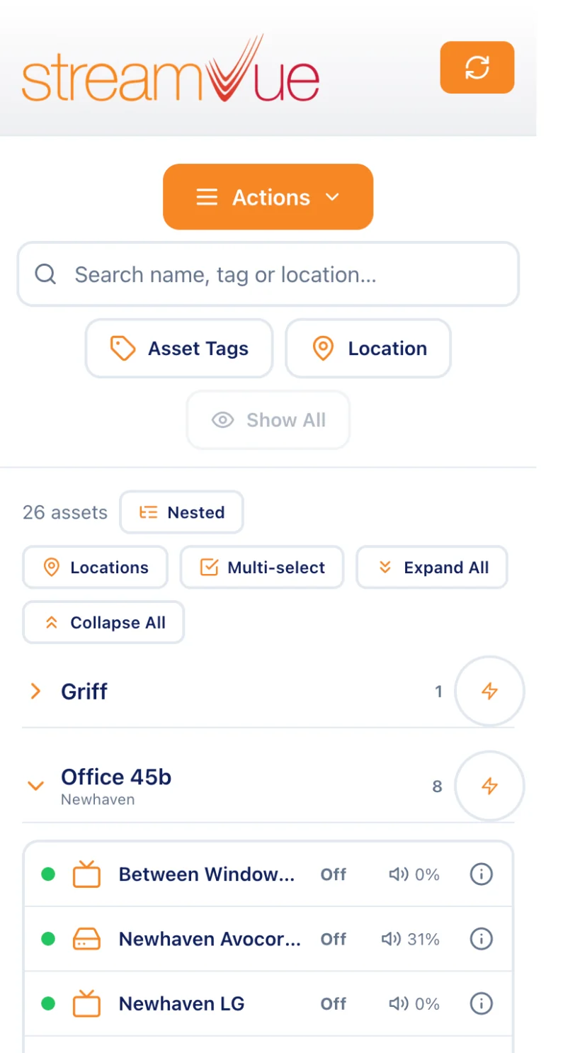 StreamVue Remote on a phone, listing screens by location